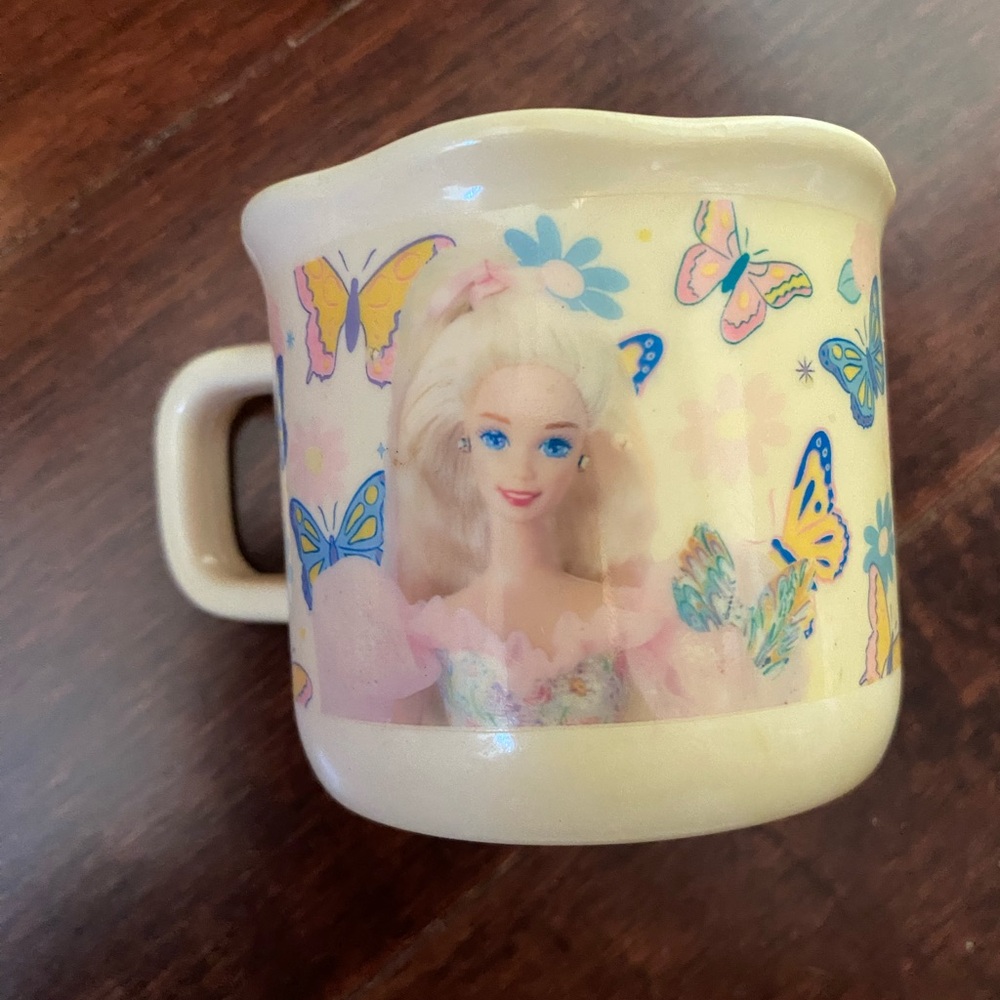 Barbie Mug with Pink Logo and Butterflies Vintage